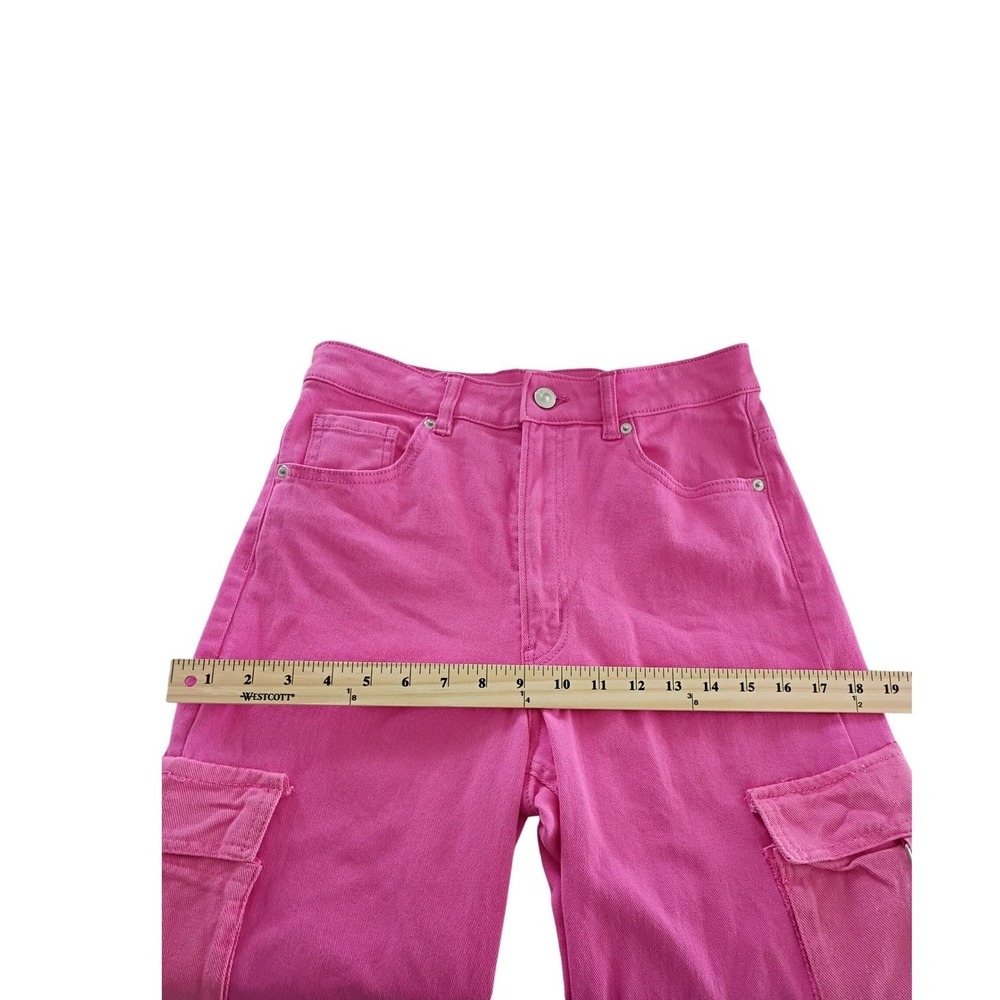 Hot Pink Cargo Jeans Wide Leg High Waisted Denim Pants - Picture 7 of 9